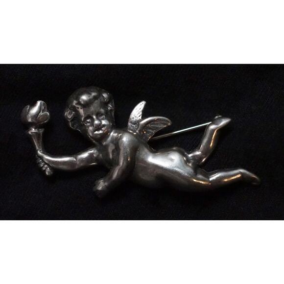 T Foree Hunsicker Sterling Angel with Torch Cherub Brooch - Picture 2 of 5